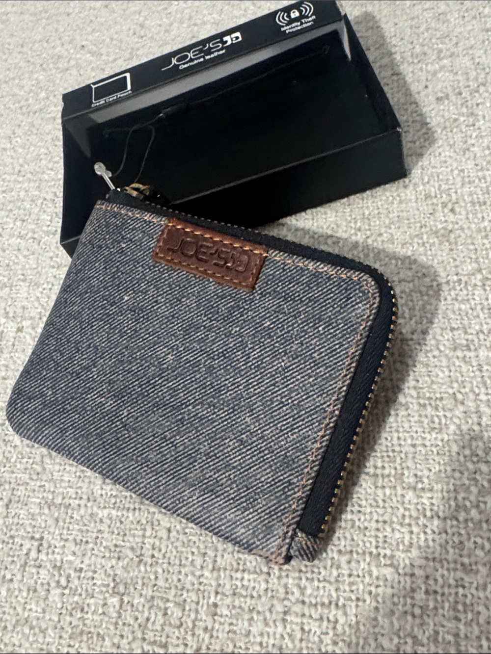 Joe's Jeans Denim Zip Wallet - Blue with Brown Trim